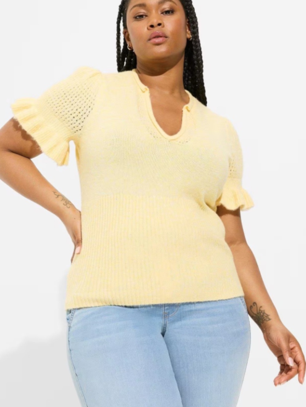 NWT Torrid Vegan Cashmere Pullover V-Neck Ruffle Elbow Sleeve Pullover Sweater